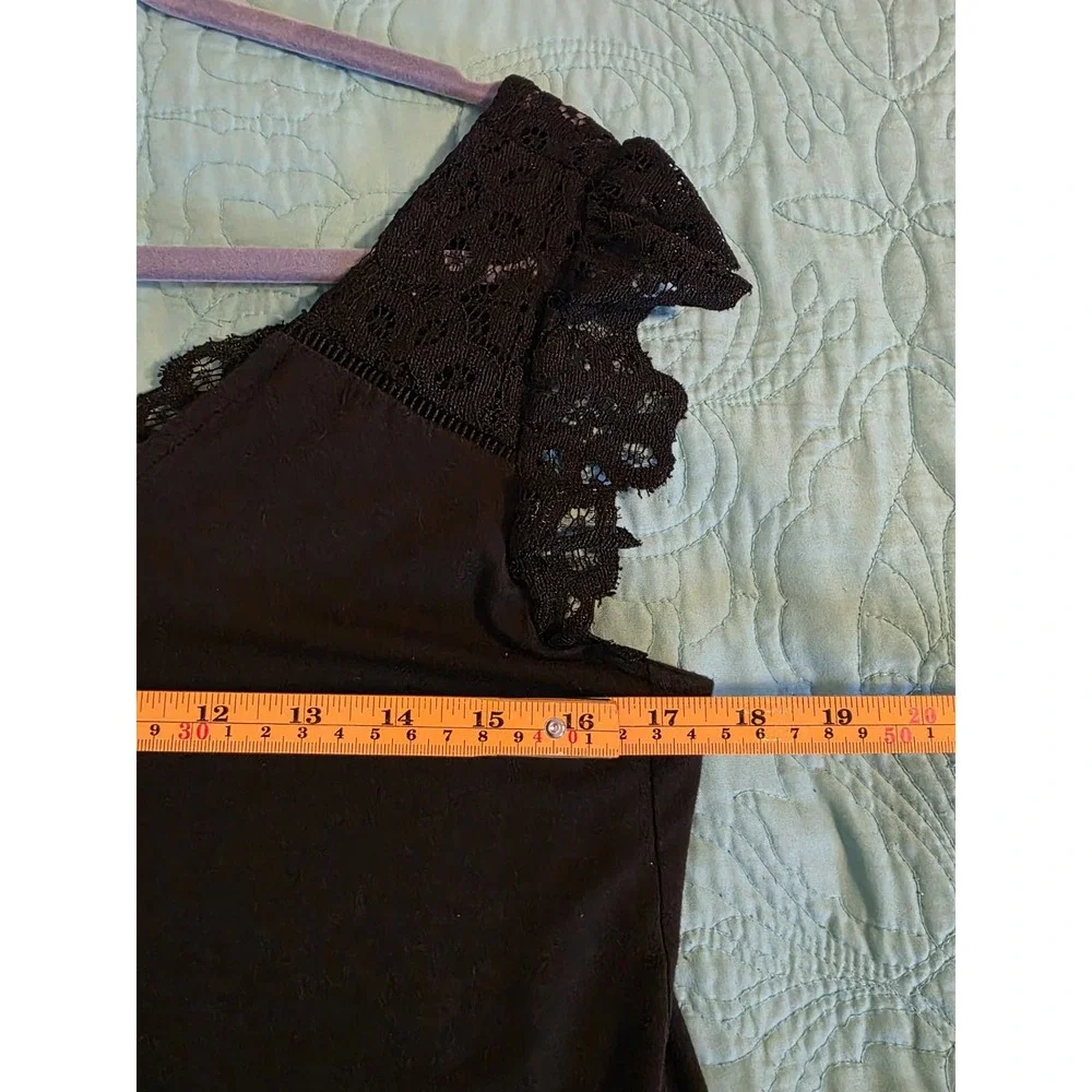 LOFT Women's Size Medium Black Rayon Stretch Lace Sleeve Neck Swing Dress Gothic